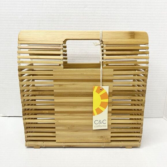 C&C California Bamboo Wooden Rectangle Handbag Summer Beach Picnic Boho Fun - Picture 2 of 15